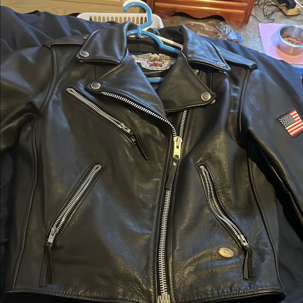 Black Leather Biker Jacket with American Flag Patch